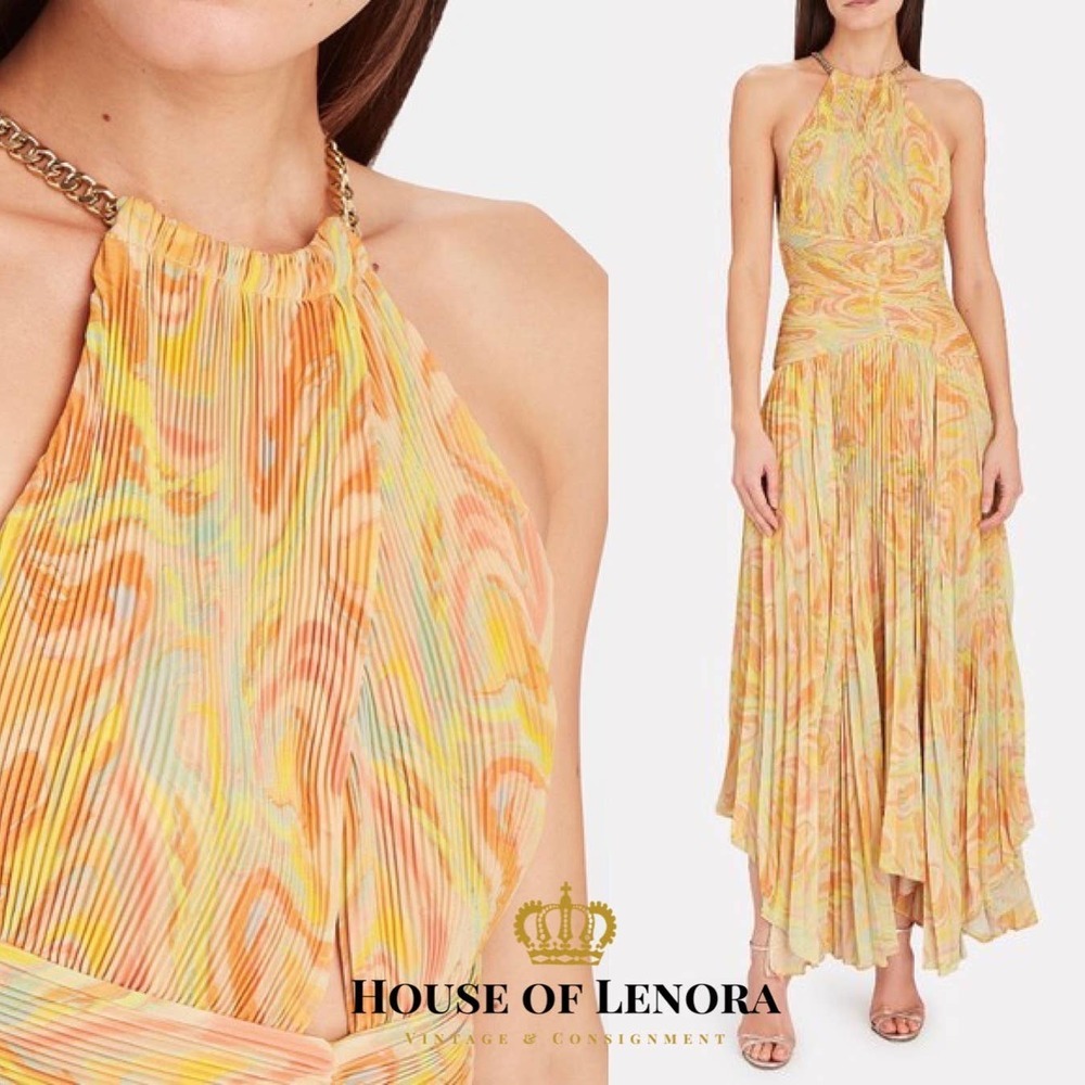 NWT AIIFOS Grace Pleated Halter Chiffon Gown With Chains, size 6